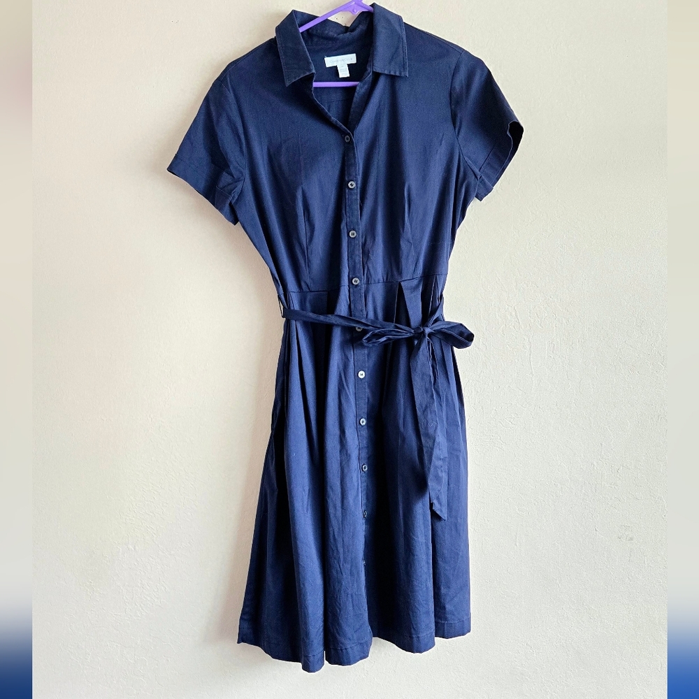 Charter Club navy blue short sleeve button-down belted shirt dress